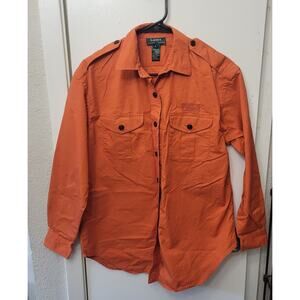 Lauren Ralph Lauren Shirt Women Small Orange Button Up Long Sleeve Pockets Logo